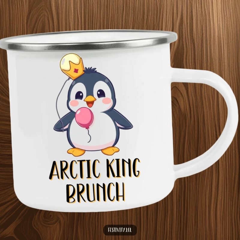 Funny camping mug with a surprised penguin wearing a tiny crown and holding a balloon, perfect for regal adventures.