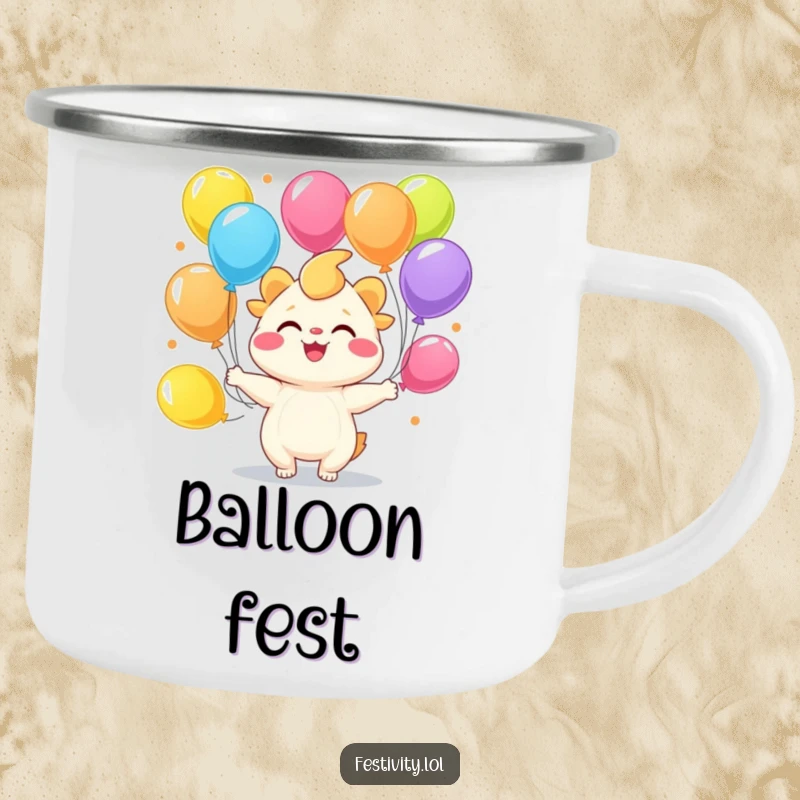Funny joyful creature juggling colorful balloons on a durable camping mug.