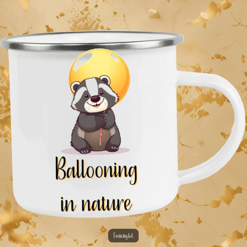 Funny Badger Balloon Camping Mug: A happy badger hugs a giant balloon, designed for outdoor use and bringing heartwarming cheer.