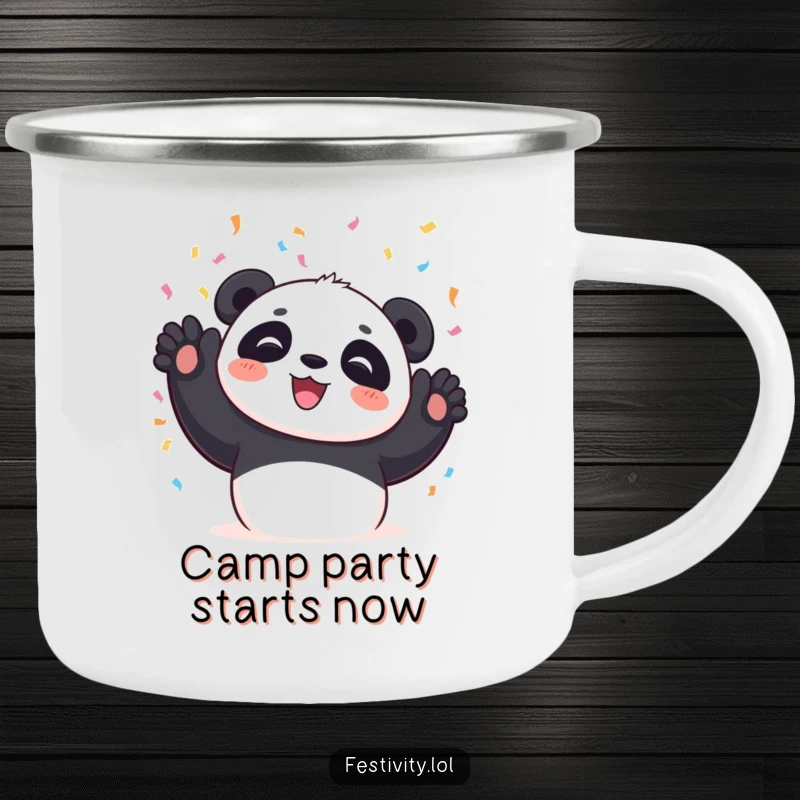 Funny Panda Camping Mug with a panda gleefully tossing confetti, ideal for enjoying beverages in the wild.