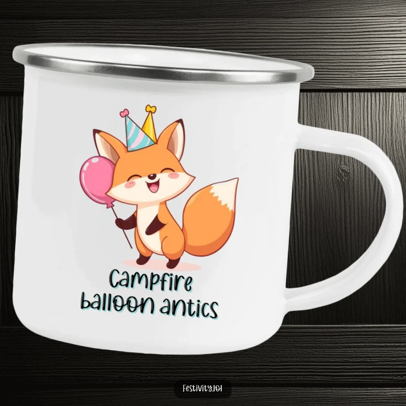 Funny camping mug featuring a giggling fox in a party hat bouncing a large balloon, perfect for outdoor trips.