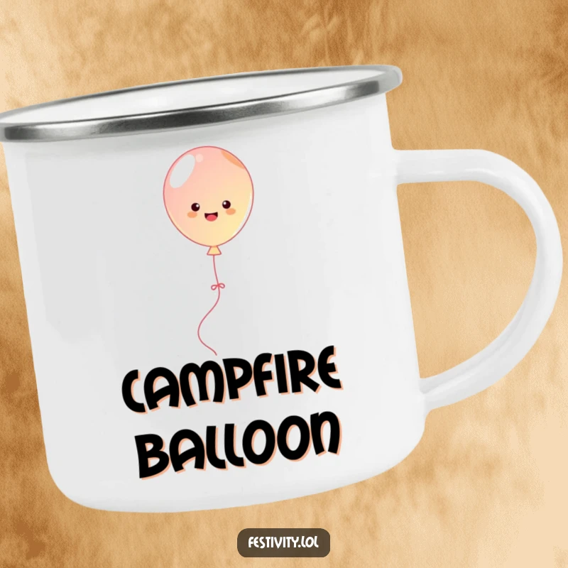 Funny balloon bouncing joyfully with streamers, a humorous and durable camping mug for adventurers.