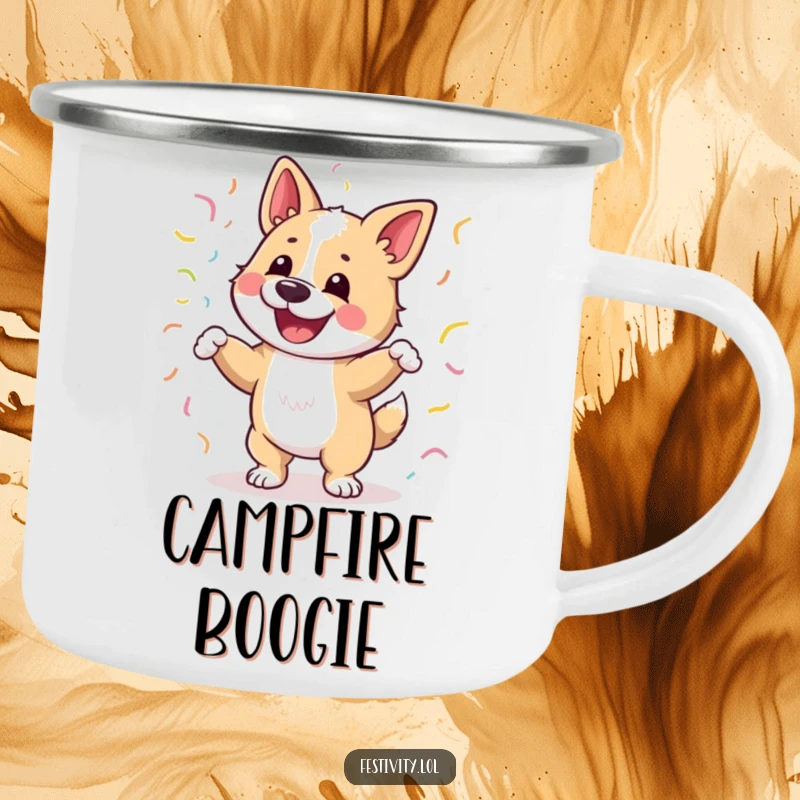 Funny camping mug with a happy dog dancing joyfully, decorated with streamers, rugged and humorous design.