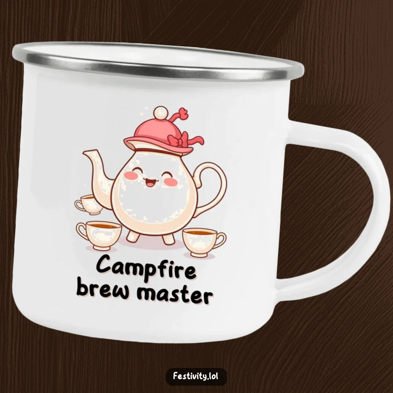 Funny camping mug with a whimsical teapot in a hat merrily juggling teacups, ideal for outdoor enjoyment.