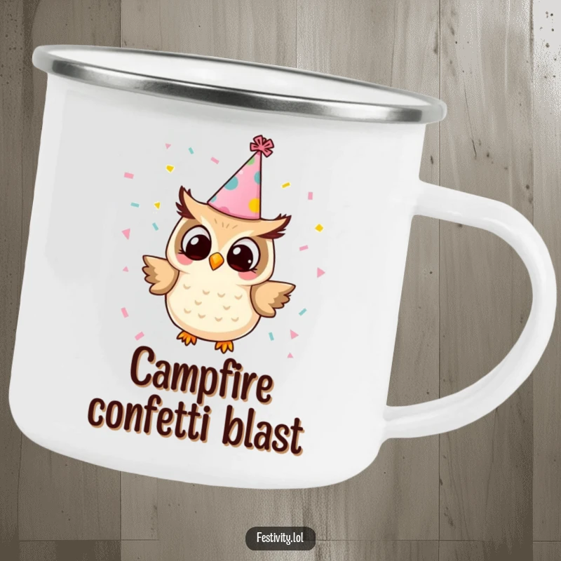 Funny owl camping mug showing a tiny owl in a party hat releasing confetti, perfect for outdoor enthusiasts who love to celebrate.