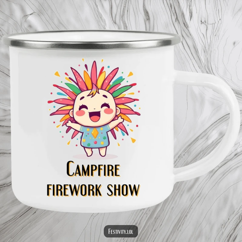 Funny camping mug with a jubilant firework character bursting with colorful, joyful patterns, ideal for outdoor celebrations.