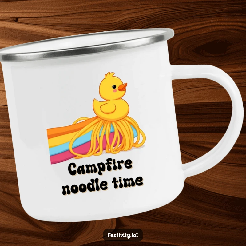 Funny rubber ducky joyfully sliding down a rainbow made of spaghetti, depicted on a sturdy camping mug for rugged humor.