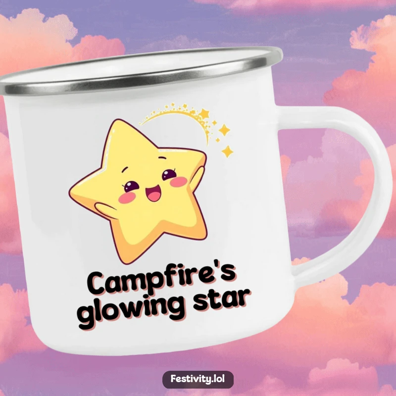 Funny Star Glitter Arc Camping Mug featuring a delighted star character leaving a dynamic arc of glitter, perfect for enjoying drinks under the night sky.