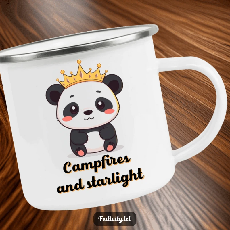 Funny determined panda wearing a crown of tiny twinkling lights on a sturdy camping mug, ideal for regal outdoor enjoyment.