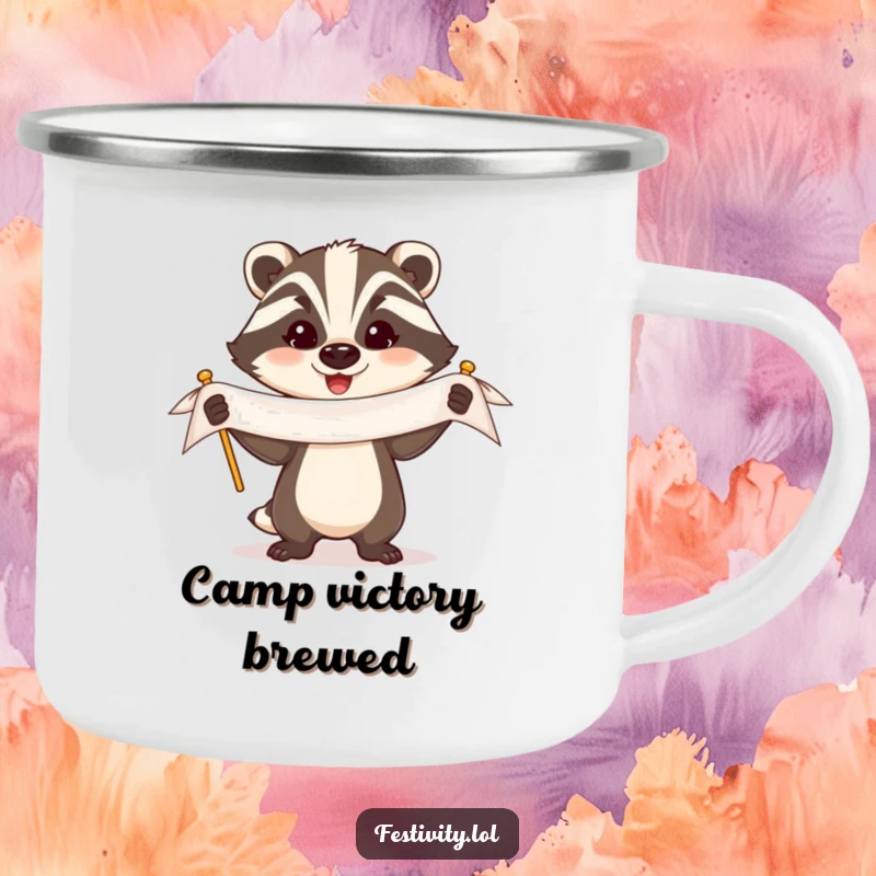 Funny Badger Camping Mug: A triumphant badger holds a banner with a proud expression, ready for outdoor fun and humorous drinks.