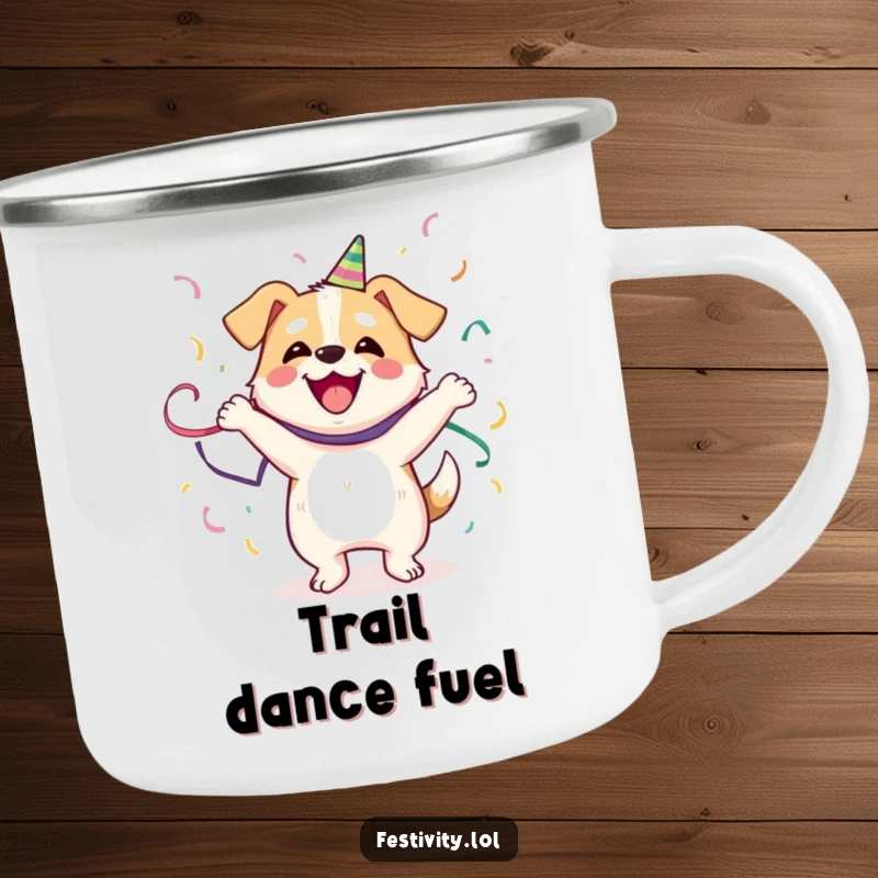 Funny Dog Camping Mug: A happy dog dances joyfully, wrapped in streamers, ready for outdoor fun and humorous drinks.