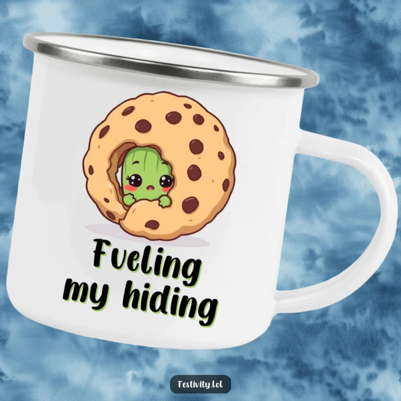 Funny camping mug featuring a shy pickle character peeking in surprise behind a huge cookie, ideal for outdoor adventures.