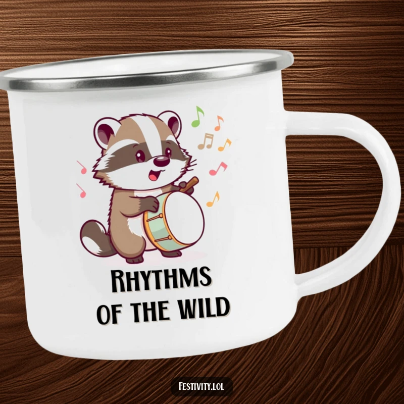 Funny camping mug with a determined badger drumming, musical notes bursting forth, ideal for music lovers outdoors.
