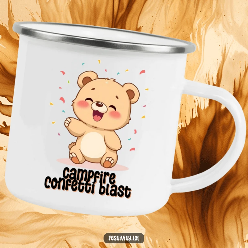 Funny camping mug with a giggling bear cub tossing confetti, perfect for outdoor adventures and warm drinks.