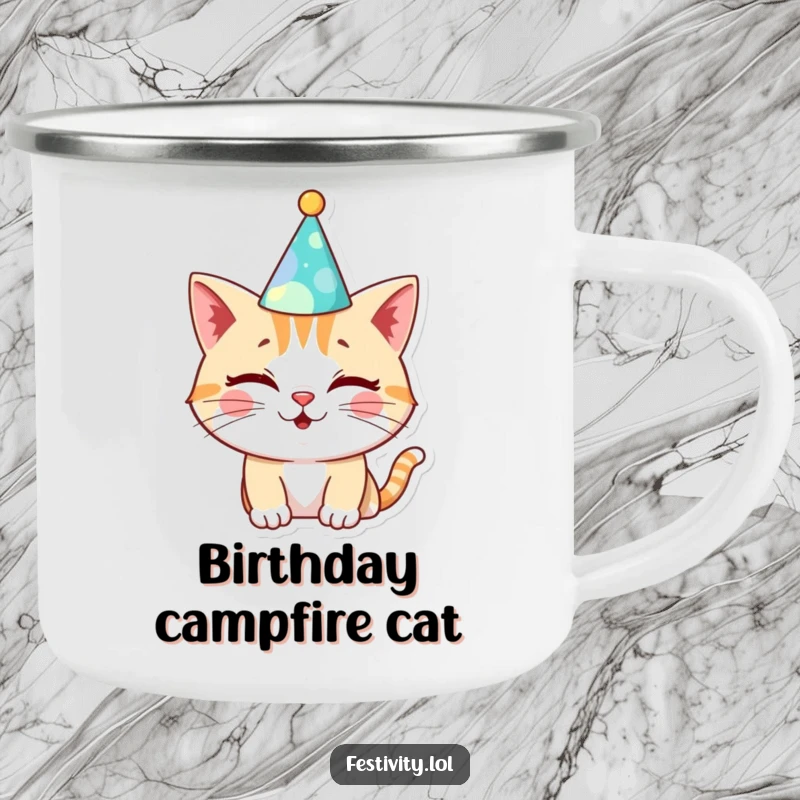 Funny Cat Birthday Camping Mug: A cheerful cat winks in a silly hat, designed for outdoor use and adding festive fun.