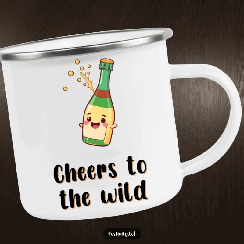 Funny camping mug with a champagne bottle popping its cork and a splash, ideal for outdoor celebrations and drinks.