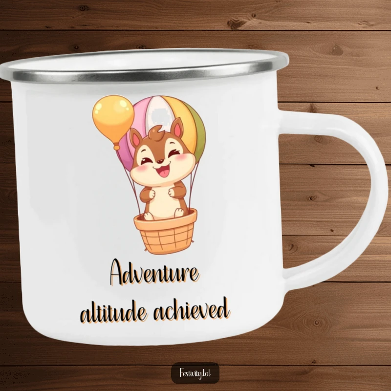 Funny Chipmunk Camping Mug: A beaming chipmunk soaring in a hot air balloon, perfect for campfire stories and funny tales.