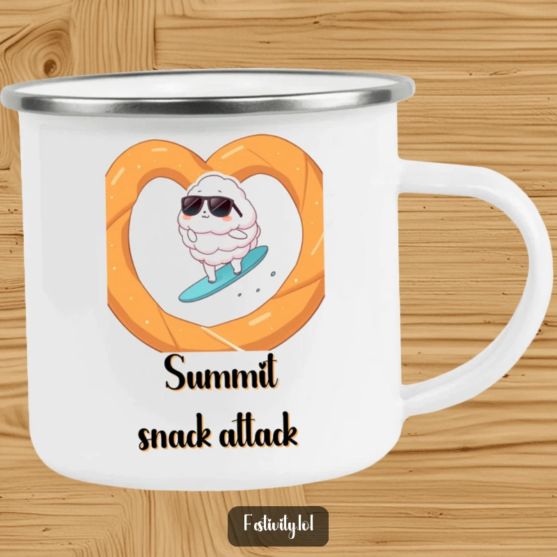 Funny cloud wearing sunglasses surfing on a giant pretzel, depicted on a sturdy camping mug for rugged humor.