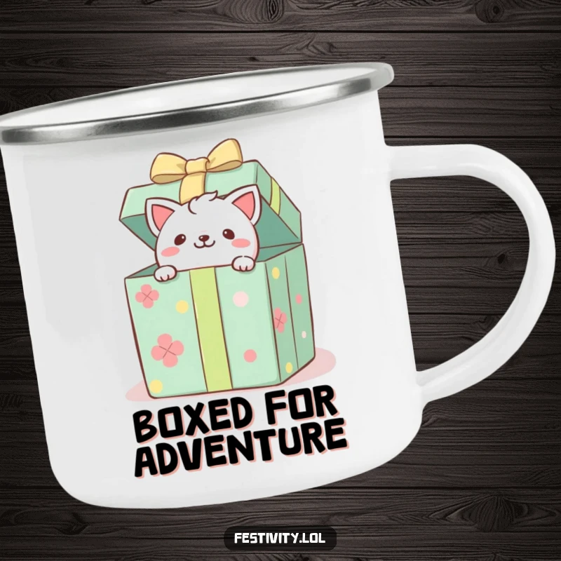 Funny camping mug featuring a playful critter peeking from a gift box, ideal for outdoor brews and humorous adventures.