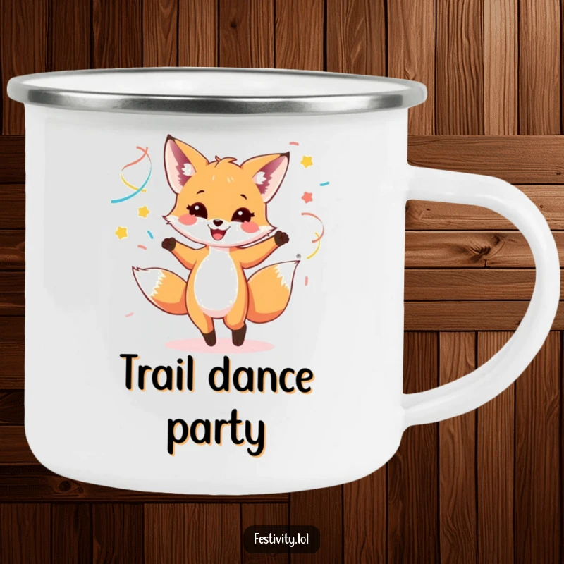 Funny camping mug with a happy fox cub dancing with colorful streamers, perfect for outdoor celebrations.