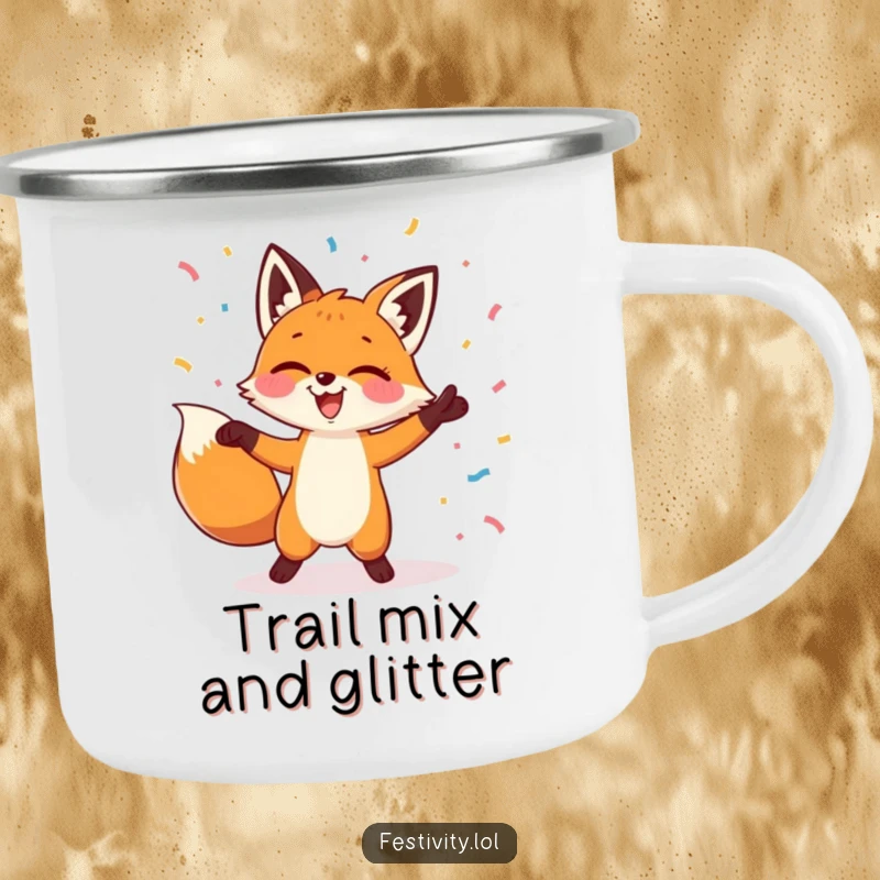Funny camping mug showing a fox dancing happily amidst a cascade of confetti, ready for any outdoor celebration.