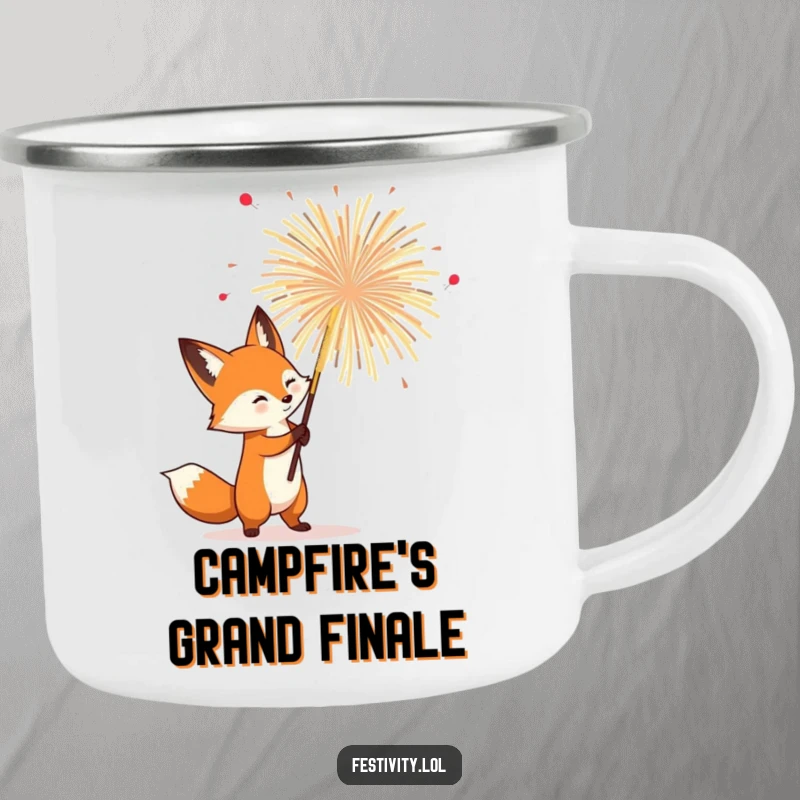 Funny Fox Camping Mug: A determined fox holding a spectacular firework, ready for bold and funny camping trips.