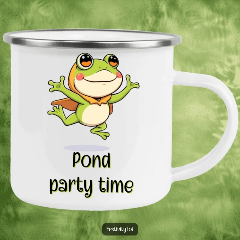 Funny camping mug with a silly frog wearing a costume, leaping enthusiastically, rugged and humorous design.