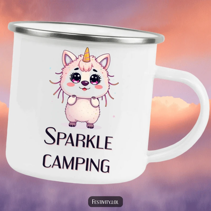Funny surprised animal covered in streamers and glitter on a durable camping mug.