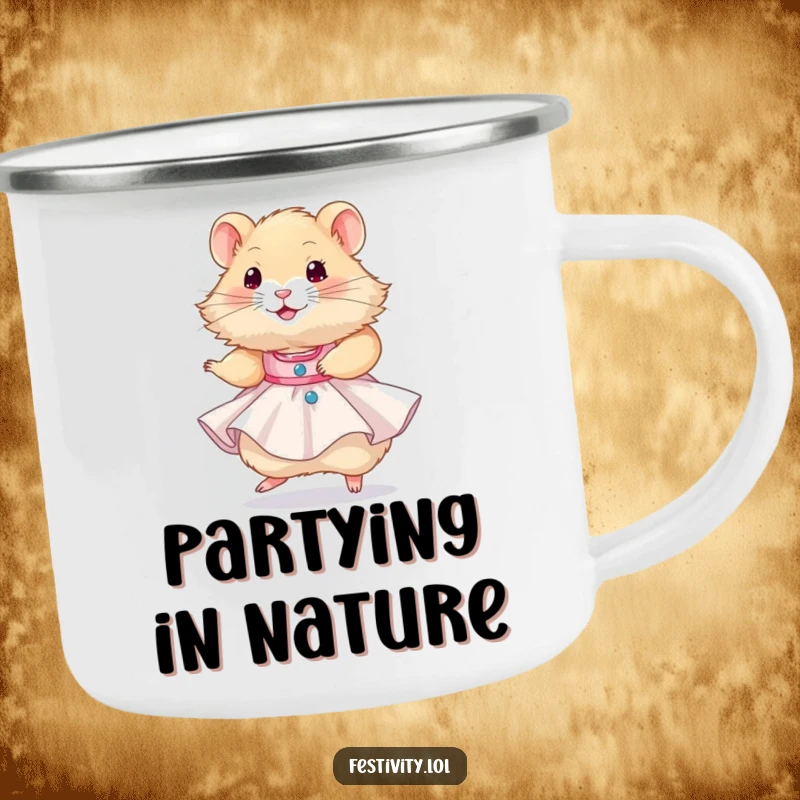 Funny hamster wearing a tiny party dress and twirling happily, a rugged and humorous camping mug for festive outdoors.