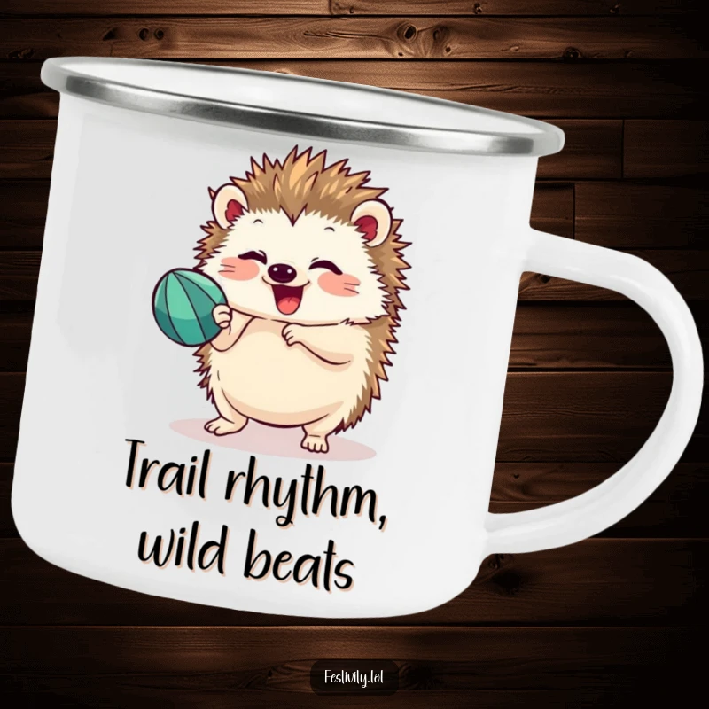 Funny hedgehog shaking a maraca with focused delight on a durable camping mug, ideal for outdoor adventures and warm drinks.