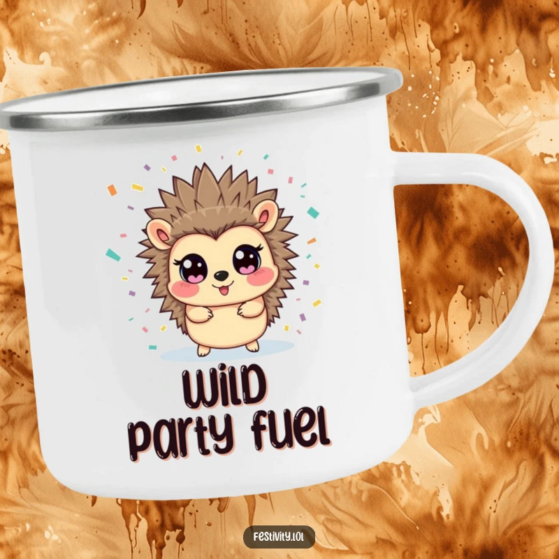 Funny hedgehog camping mug depicting a happy hedgehog enjoying a confetti surprise, durable for adventures and morning brews.