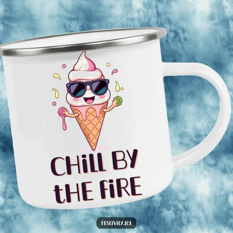 Funny Ice Cream Cone Camping Mug: A durable enamel mug with a smiling ice cream character comically juggling melting scoops, perfect for outdoor summer whimsy.