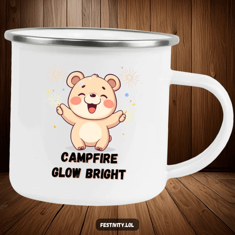 Funny camping mug featuring a joyful bear cub waving sparklers, perfect for outdoor cheer and beverages.