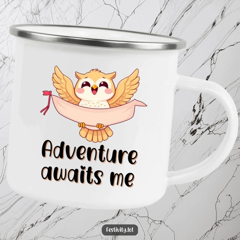Funny owl camping mug, a joyful bird soaring with a banner, perfect for outdoor enthusiasts who love humor.
