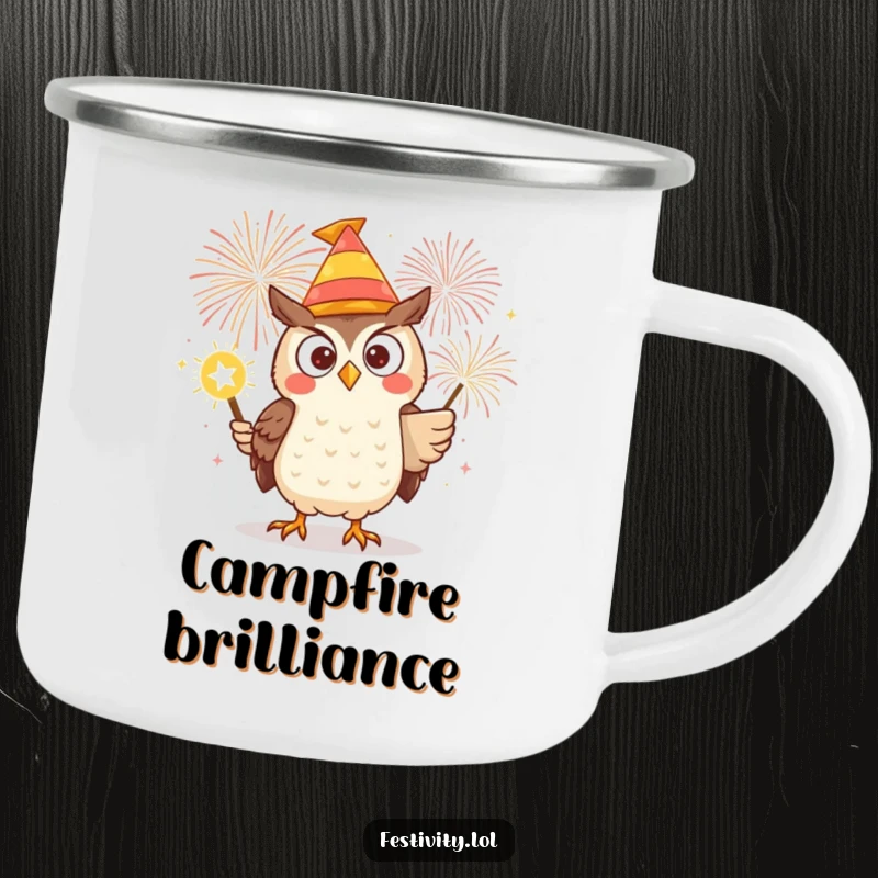 Funny camping mug with a determined owl in a silly hat, lighting a giant firework, designed for adventurous outdoor fun.