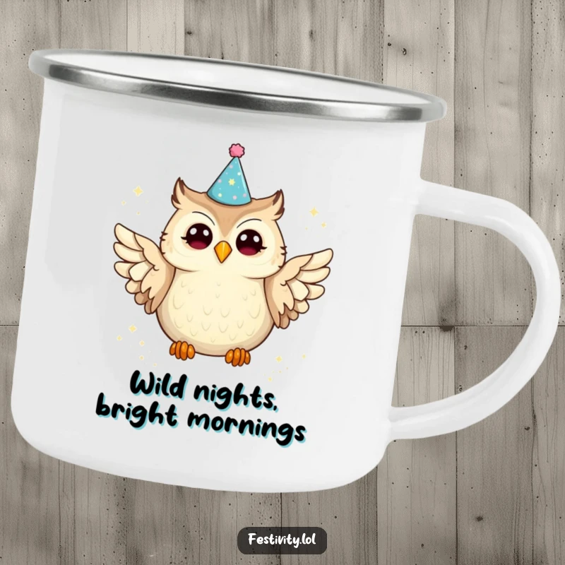 Funny owl camping mug with a party hat owl spilling glitter, designed for outdoor enthusiasts who appreciate humor and adventure.