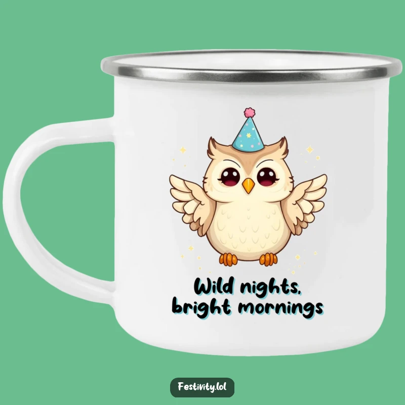 Funny Owl Party Camping Mug: Outdoor Joy, Glitter Spill, Rugged Gift