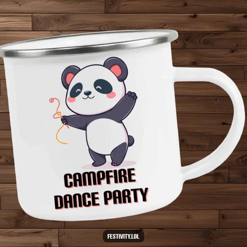 Funny Panda Dancer Camping Mug: A cheerful panda dances with a streamer, designed for outdoor use and bringing a touch of fun.