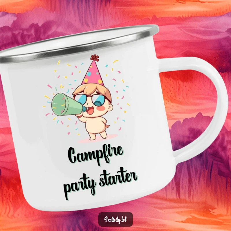Funny delighted character in a party hat blowing a giant confetti cannon on a camping mug.