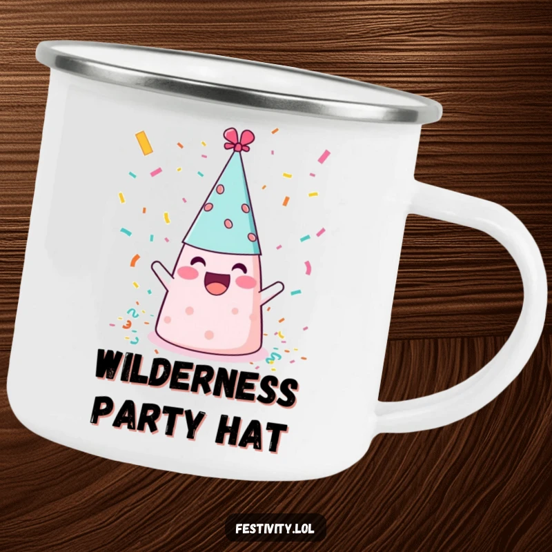 Funny party hat tossing confetti, a humorous and durable camping mug for adventurers.