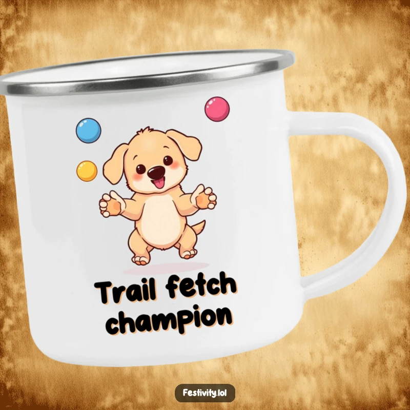 Funny camping mug graphic of a bouncing puppy juggling colorful balls, a humorous scene for outdoor lovers.