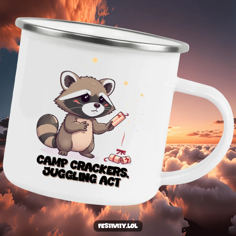 Funny raccoon juggling sparkling party crackers on a sturdy camping mug, designed for outdoor fun and beverage enjoyment.