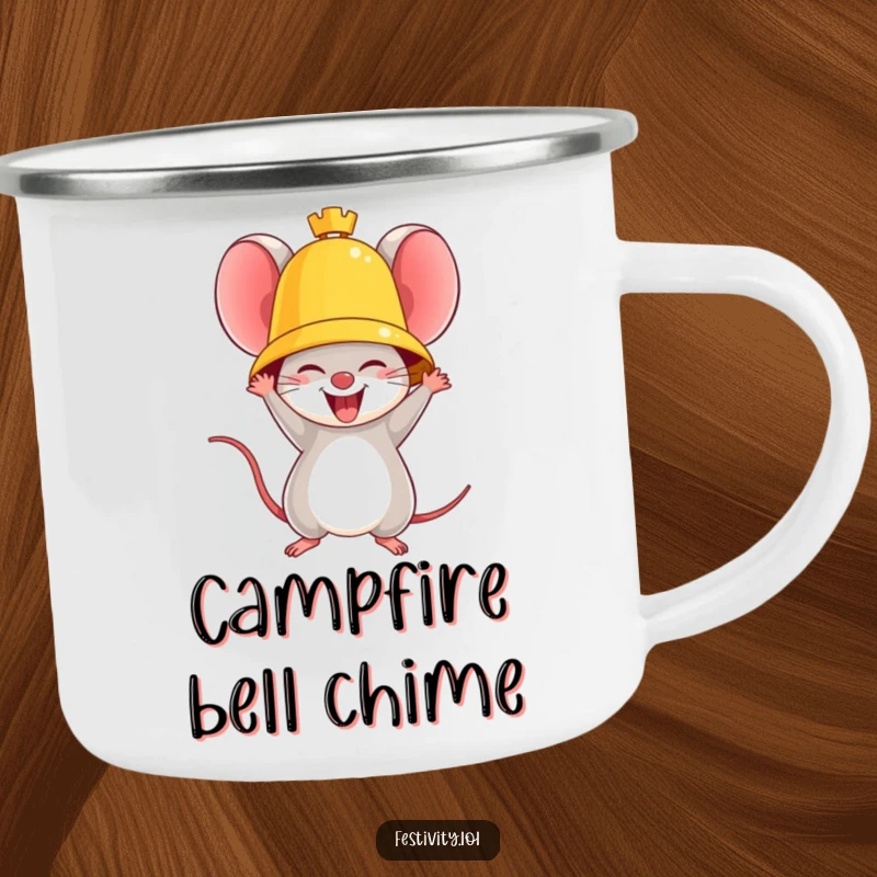 Funny camping mug showing a triumphant mouse ringing a giant golden bell, perfect for outdoor victory celebrations.