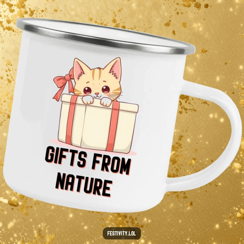 Funny cat peeking from behind a large gift box, a rugged and humorous camping mug for curious explorers.