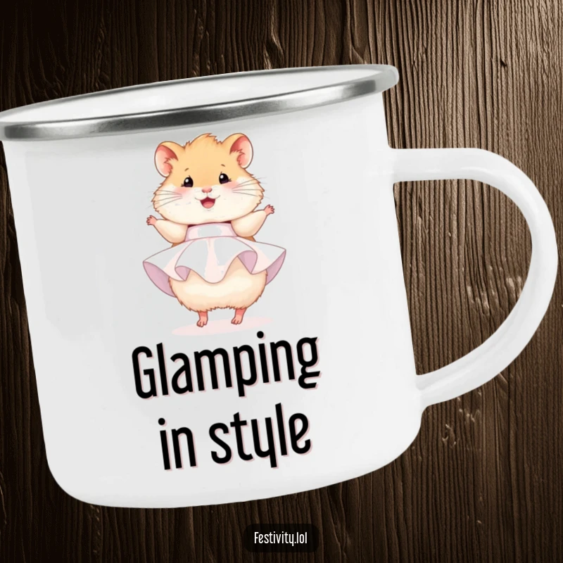 Funny hamster camping mug, a fluffy hamster in a party dress, happily twirling, ready for outdoor celebrations.