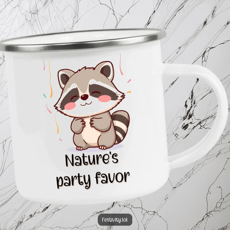 Funny camping mug with a blushing raccoon adorably trying to catch falling streamers, ideal for outdoor adventures.