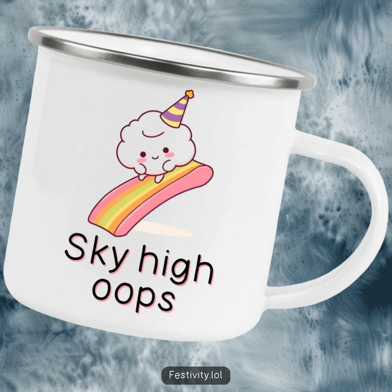 Funny Cloud Adventure Camping Mug: A durable enamel mug with a fluffy cloud comically tripping over a rainbow slide, perfect for outdoor whimsy.