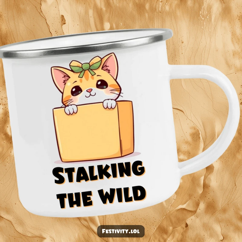 Funny curious cat camping mug, a playful kitten peeking from behind a large gift box, ready for outdoor adventures.