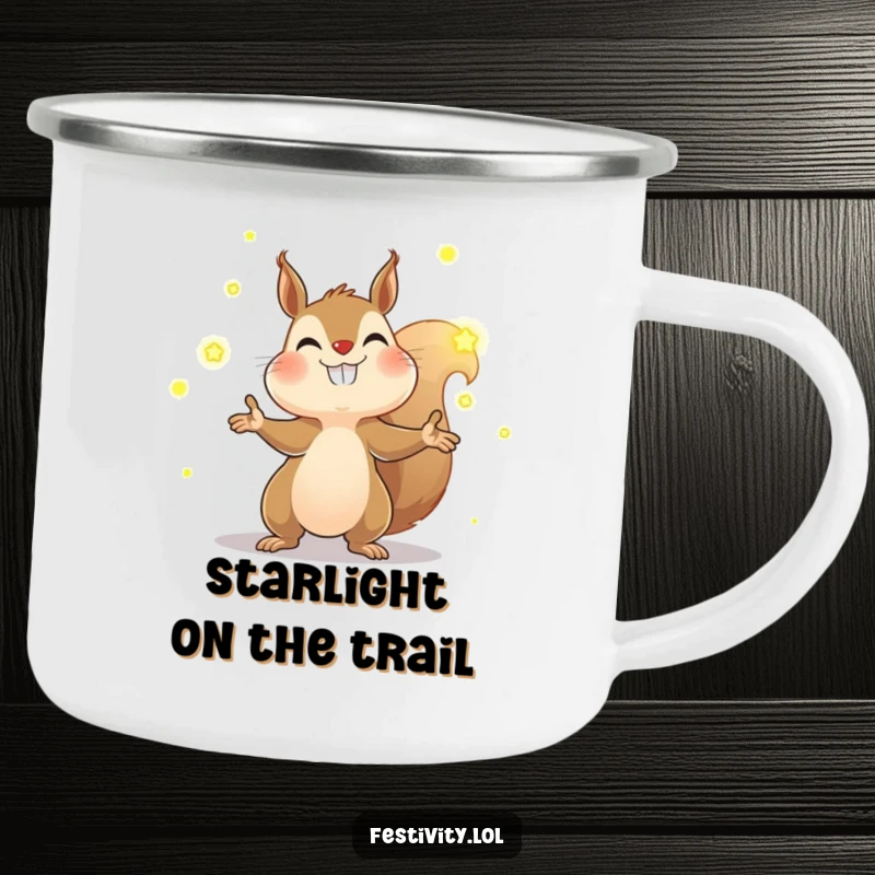Funny squirrel camping mug with a determined squirrel juggling glowing fireflies, designed for outdoor enthusiasts who appreciate humor and a magical glow.