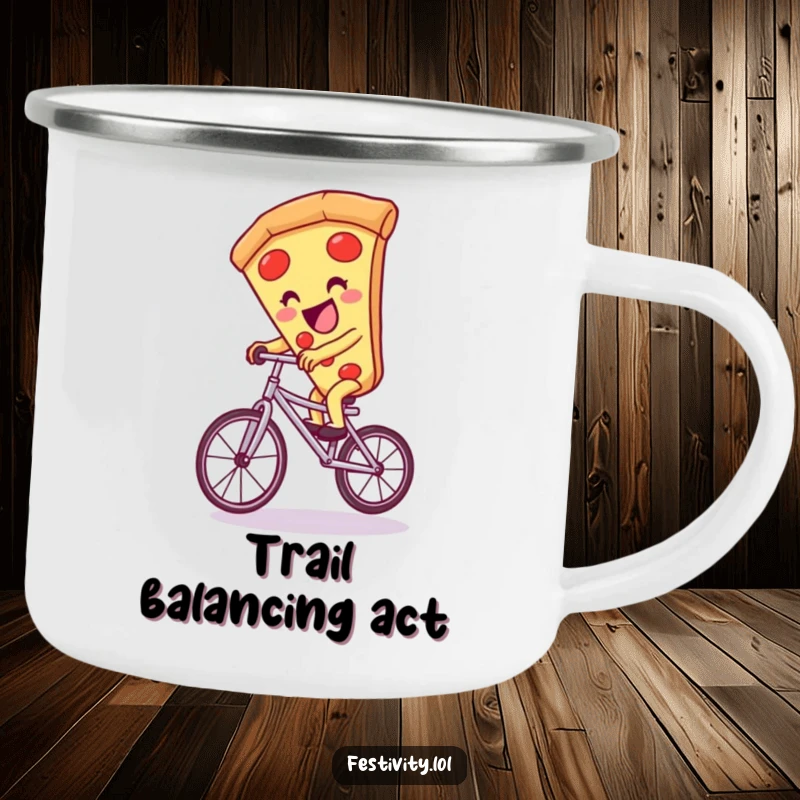Funny pizza slice character giggling on a unicycle, ready for adventure on a durable funny camping mug.
